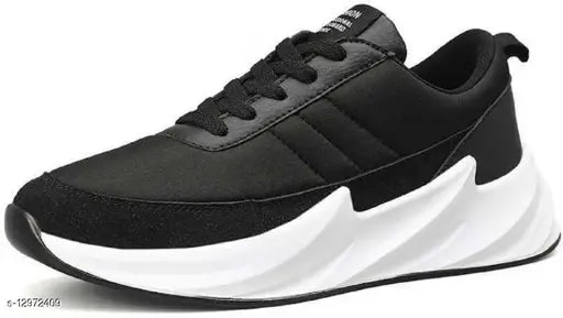 Kids black sports shoes with white trim for running, walking, and casual wear