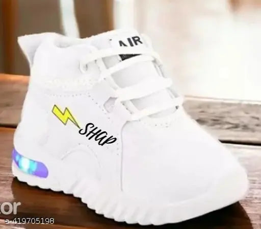 White sneakers with black and white Air logo, blue Nike swoosh on side