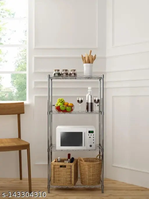 Modern metal rack with holders, likely kitchen items