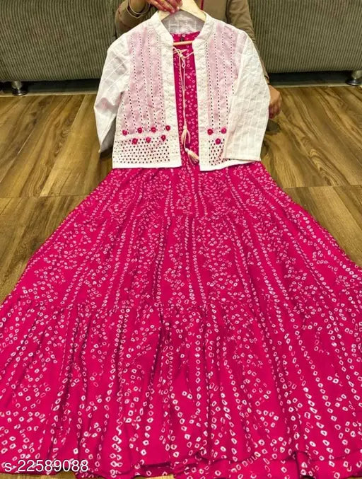 Pink extra-size ankle length Anarkali Kurta with Shifli Jacket, rayon fabric, printed pattern, trendy plus size Indian ethnic wear