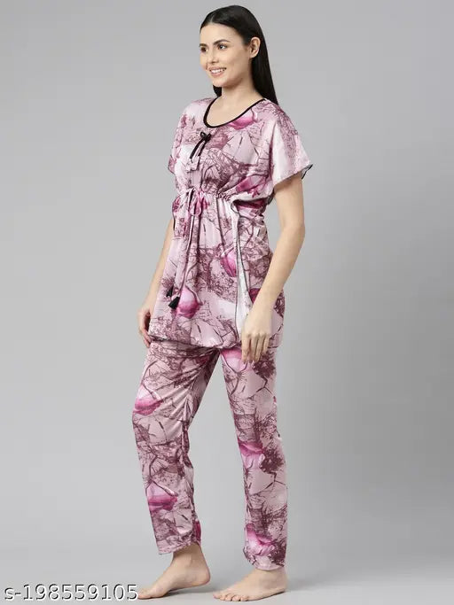 Fashionable satin nightsuit with printed net pattern, suitable for L, XL, and Free Size