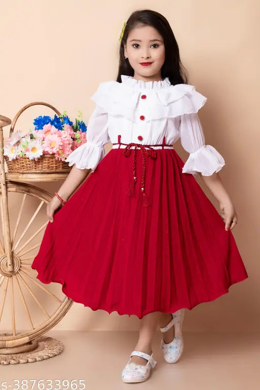 Three-quarter sleeve solid crepe party dress for girls, festive kids' fashion in vibrant colors