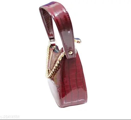Red crocodile leather print sling bag with short handle, zip closure