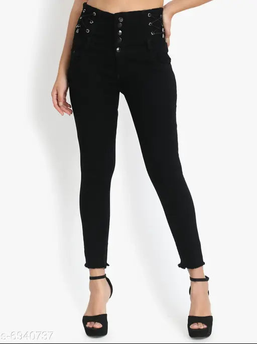 Urbane feminine women's high-waisted bell bottom jeans with black buttons