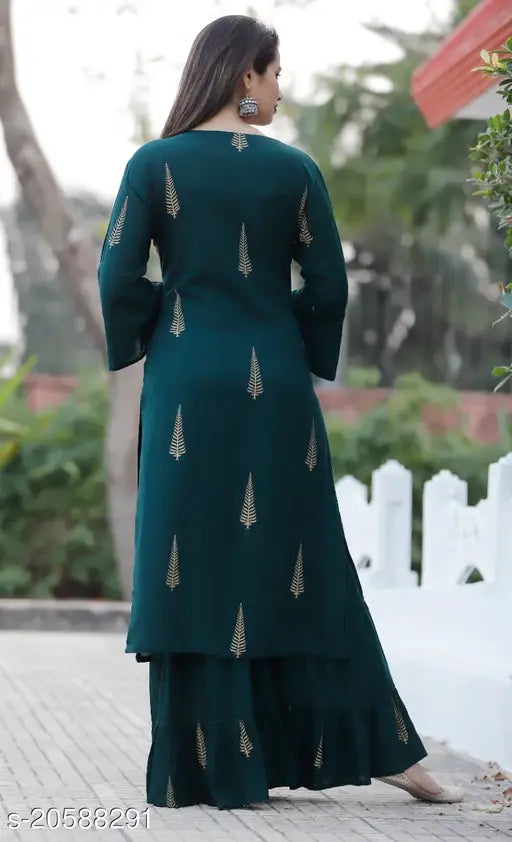 Green rayon kurta and sharara with floral print