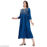 Teal rayon embroidery kurti, single flared design for women's fashion