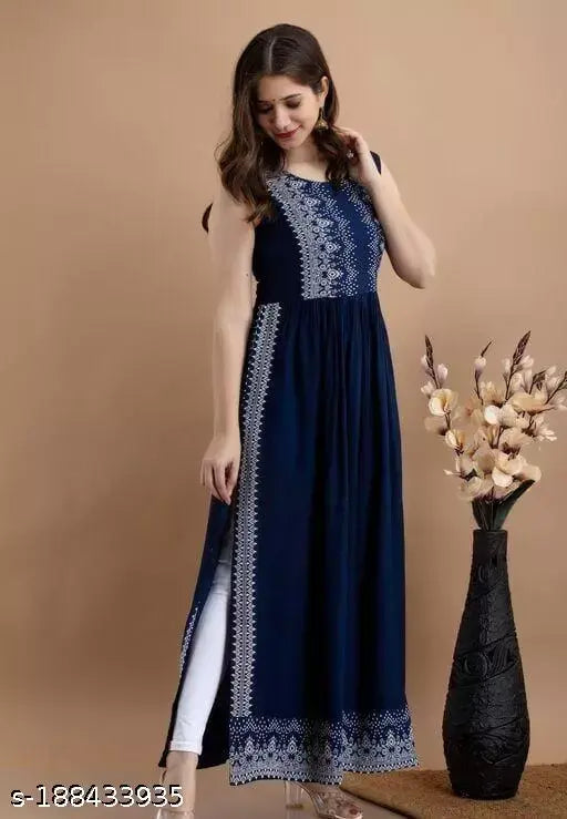 Viscose rayon printed kurta, sleeveless, embroidered, Indian women's fashion