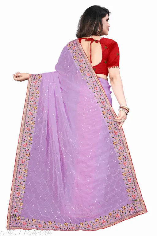 Purple silk saree with heavy embroidery and sequin detailing