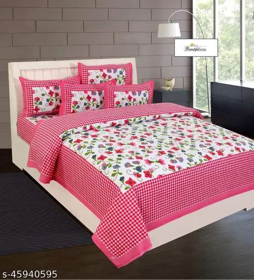 Cotton fancy bedsheets, fine thread count 144, ideal for summer adult use, one double queen set with two pillow covers, from India