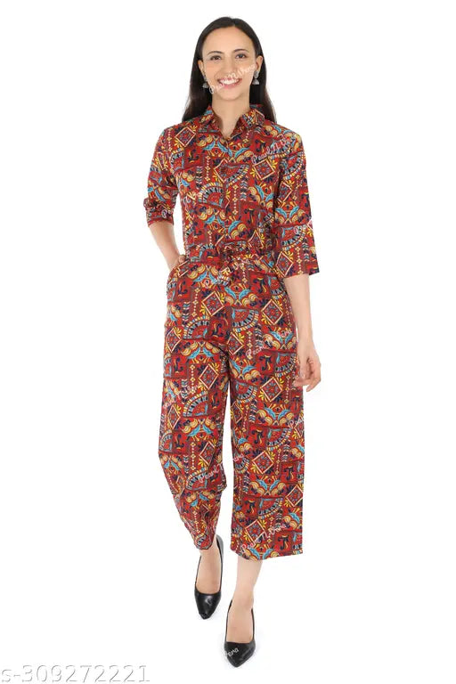 Exclusive premium crepe jumpsuit in printed net design, women's fashion by Pearl N Vera, flattering silhouette, multiple sizes available (S-XL, Free)