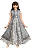 Pink net floral printed full-length gown for girls, sleeveless, Indian origin