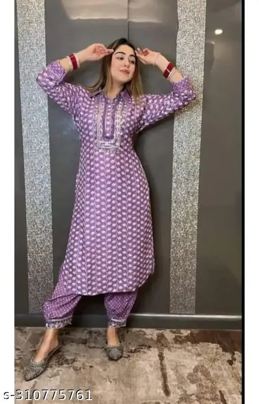 Rayon slub printed net B parpal kurti set with pants, three-quarter sleeve Indian fashion