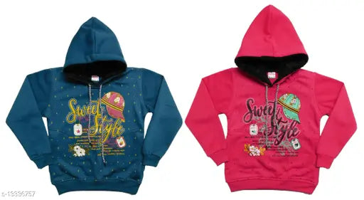 Cotton soft hoodies for girls, pack of 2 - printed long sleeve sweatshirts with hoodie, ideal for chilly season