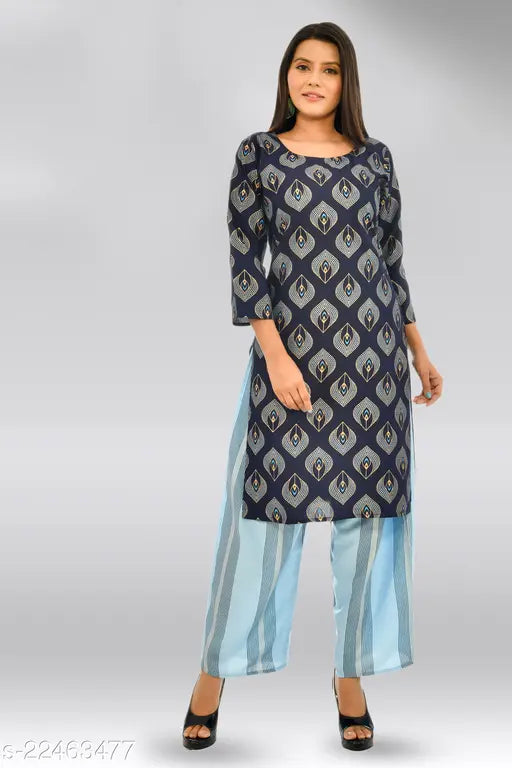 Rayon women's kurta set with palazzos, printed net pattern, three-quarter sleeves in sizes M, L, XL, XXL - Abhisarika fashionable Indian attire
