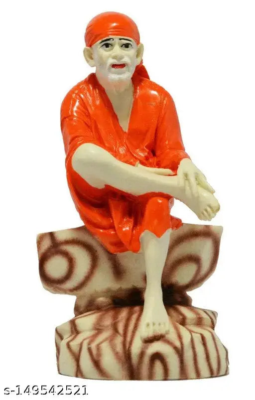Orange poly resin Shirdi Sai Baba idol, intricately hand-painted figurine from India