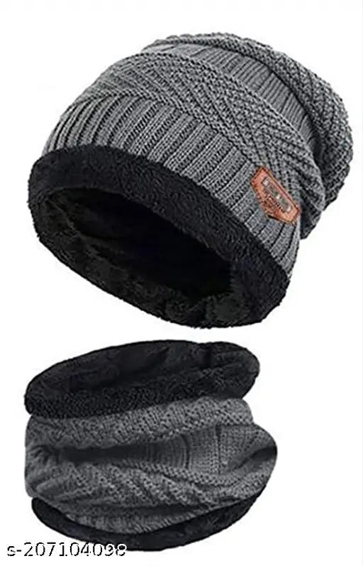 Winter woolen beanie cap with neck scarf - Thick acrylic knit, soft fur lining for men and women