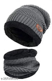 Winter woolen beanie cap with neck scarf - Thick acrylic knit, soft fur lining for men and women