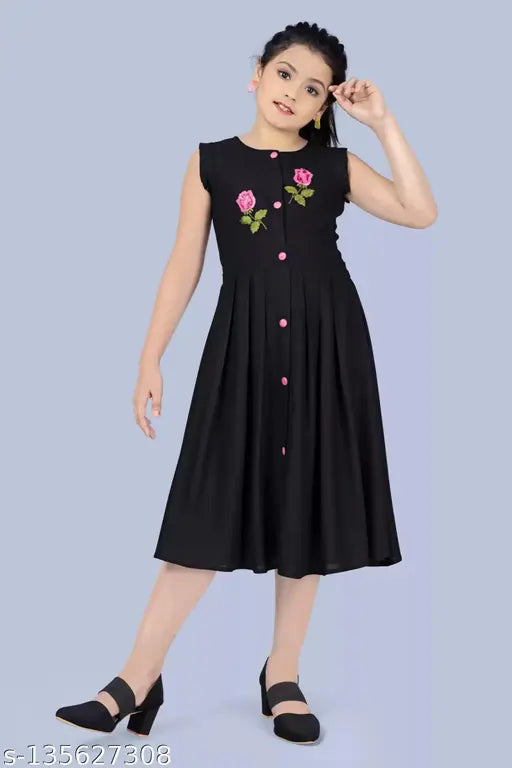 Black rayon embroidered midi-knee length party dress for girls aged 9-14, single size available, intricate detailing on net fabric