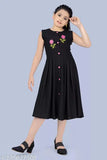 Black rayon embroidered midi-knee length party dress for girls aged 9-14, single size available, intricate detailing on net fabric