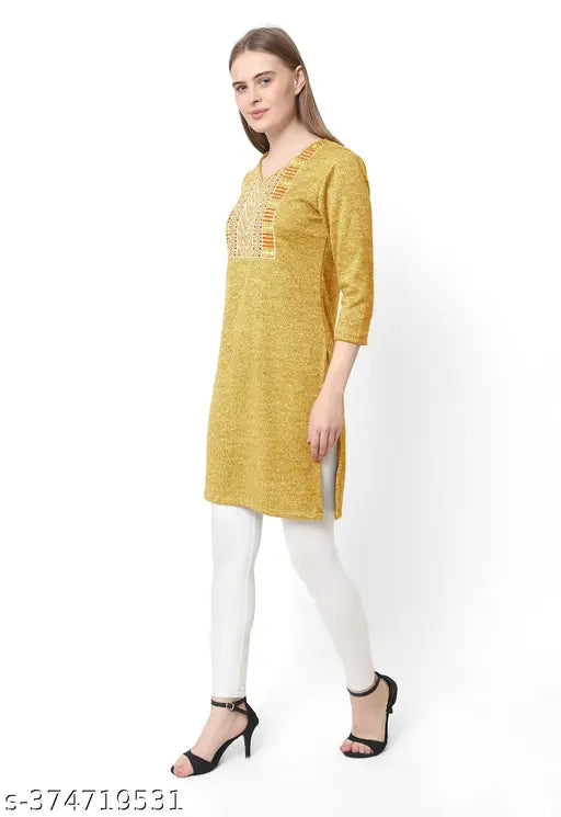 Wool kurti, long sleeve, vibrant yellow, button down front