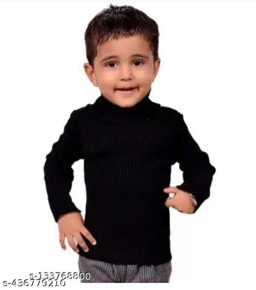 Black wool kids high-neck sweaters with self-design, long sleeves for infants and toddlers