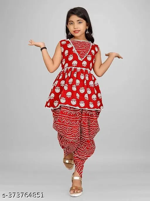 Cotton printed foil print Kurta and Dhoti set for girls, sleeveless with dupatta. Indian fashion for 4-14 years old