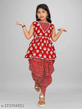 Cotton printed foil print Kurta and Dhoti set for girls, sleeveless with dupatta. Indian fashion for 4-14 years old