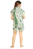 Relaxed fit cotton sleep set, printed net pattern, women's short sleeve shirt & regular relaxed shorts, Indian origin