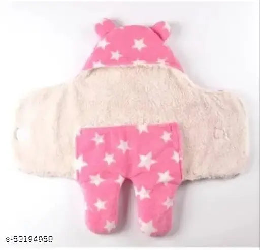 Soft pink fleece hooded star blanket, safe for baby with wind, dust, and cold protection, converts to bag for easy holding