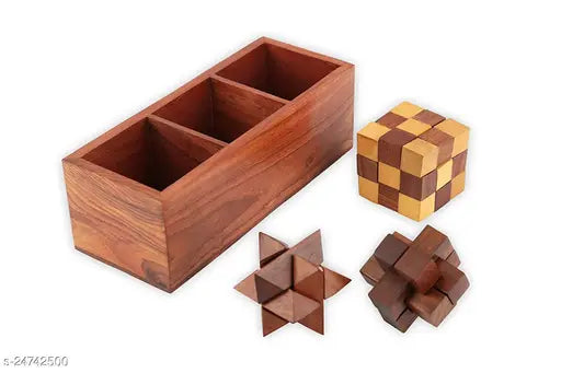 Handmade wooden 3D puzzles game - Soma Cube, Snake Cube, interlock block set for kids. Indian sheesham wood desk decor with storage tray