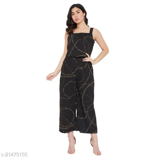 Black printed georgette jumpsuit, sleeveless summer style for women, Ruhaan's India