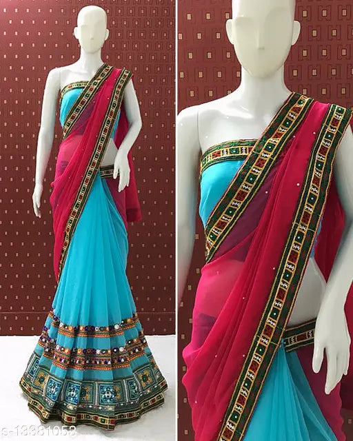Blue and gold sari, traditional wear, woman modeling