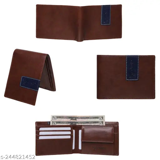 Brown faux leather wallet, 4 card slots, men's casual pocket design. Premium quality wallet for essentials storage