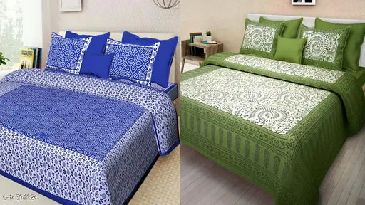 Jaipur cotton bedsheet combo pack, 2 Jaipuri bedsheets & 4 pillow covers, 160 thread count - Queen size from India