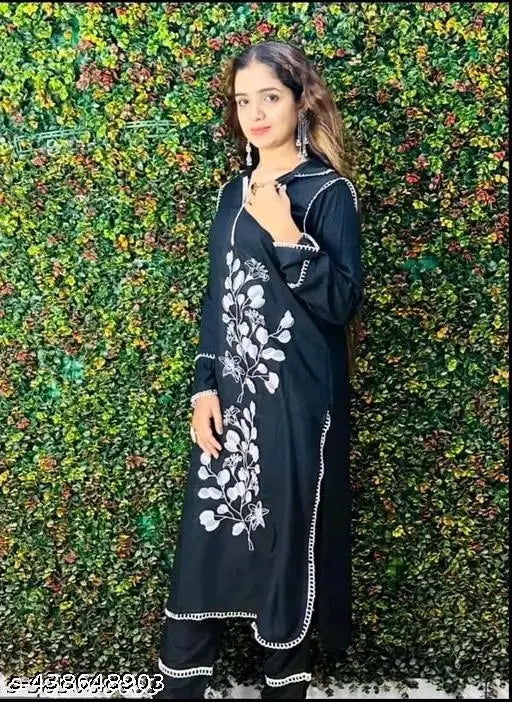 Black rayon kurti with printed long sleeves pants, India-made traditional black embroidery clothing set
