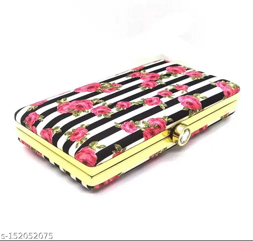 Trendy black purse with rose print, gold zipper, and multiple card slots. Ideal for weddings or casual outings
