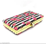 Trendy black purse with rose print, gold zipper, and multiple card slots. Ideal for weddings or casual outings