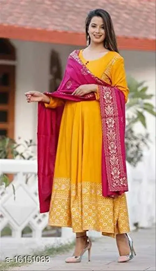 Yellow rayon anarkali printed kameez women's fashion