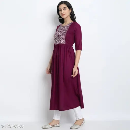 Rayon embroidered kurti with three-quarter sleeves, attractive Indian fashion in sizes S, M, L, XL, XXL
