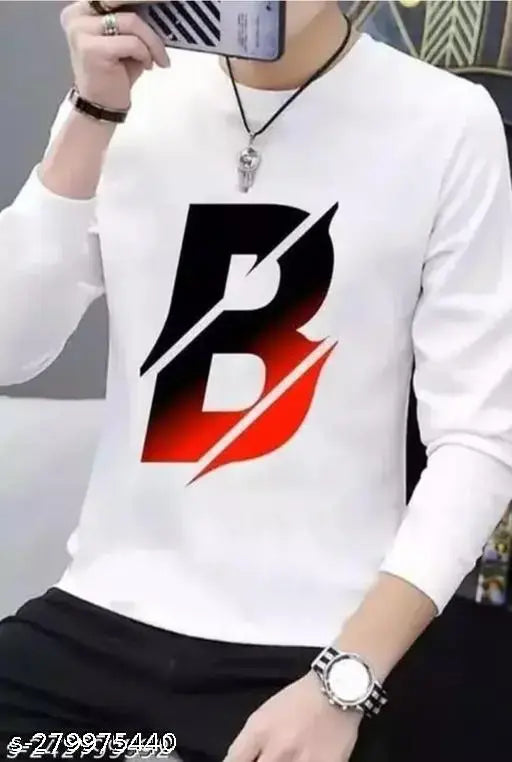 White printed net polyester men's T-shirt, full sleeves, round neck