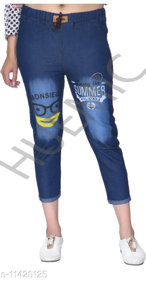 Denim printed net jeggings for women, gorgeous and fabulous. India-made, sizes available from 26 to 34 waist