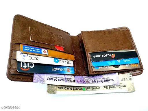 Fashionable PU leather wallet for men, features 6 card slots, 2 ID slots, 2 sim pockets, 2 hidden card slots, and 2 note compartments. Stylish accessory, perfect gift, size 12*10*2 cm, origin China