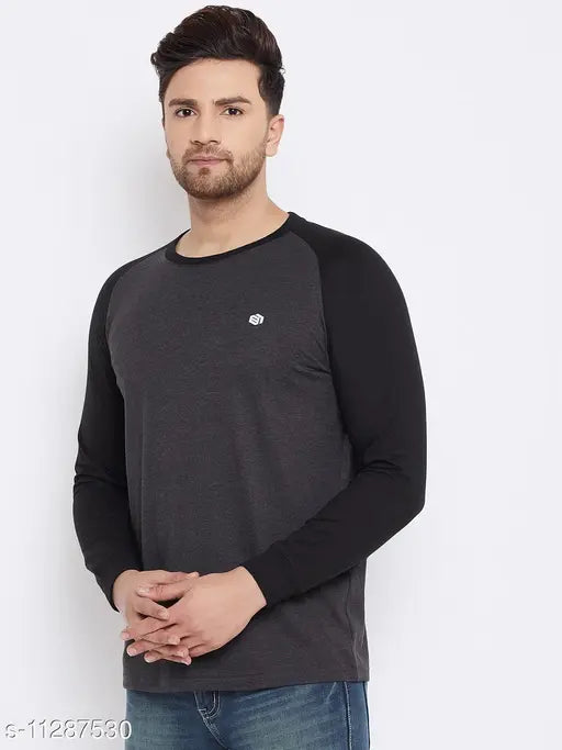 Charcoal cotton blend men's colorblocked t-shirt with long sleeves, solid pattern from Bishop Cotton