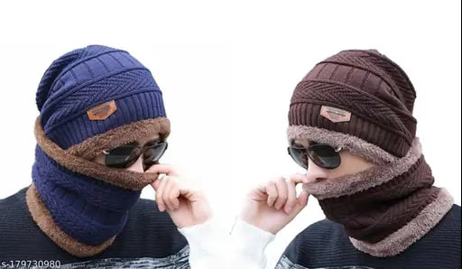 Brown and blue knit beanie with neck warmer