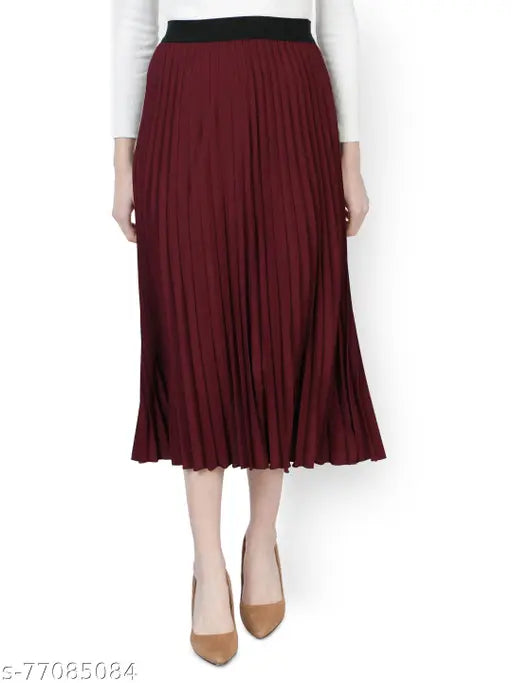Polyester solid wine pleated skirt, elastic waistband, trendy A-line style for casual events or parties, crafted with poly crepe lycra base, size options: 28/36/country of origin: India