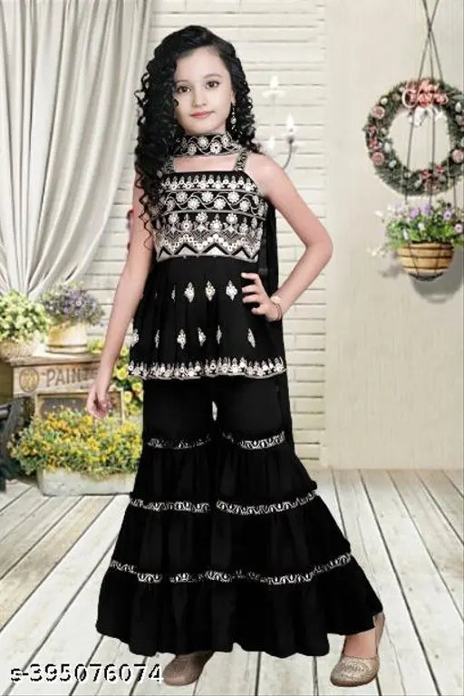 Embroidered crepe A-line top and sharara set for girls aged 7-8 years, Indian fashion with dupatta accessory