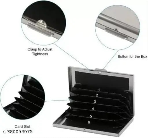 Black stainless steel RFID protected business card holder. Sleek, stylish, durable with 6 card slots and compact size for daily use