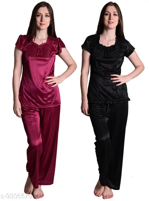 Wine black satin pajama set for women, Senslife® sleepwear night suit combo pack of 2
