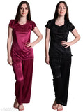 Wine black satin pajama set for women, Senslife® sleepwear night suit combo pack of 2
