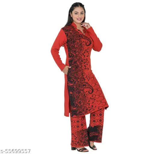 Maroon woolen kurta with palazzos, warm and stylish women's fashion for winter, high-quality yarn, India origin